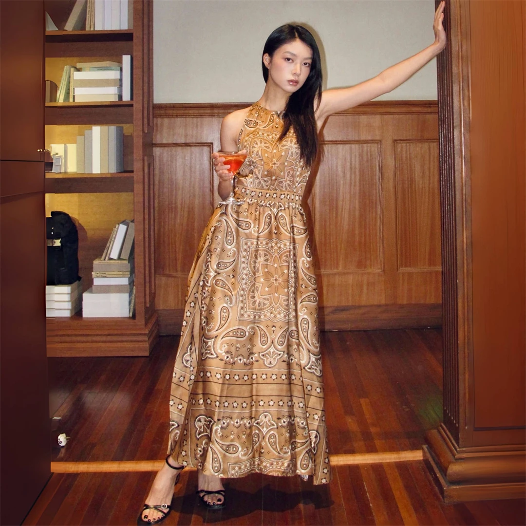 

Paisley Series French Style Printed Maxi Dress Wide Leg Pants High Waist Soft Polyester No Stretch A-Line Silhouette Non-Sleeved