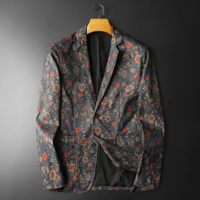 

Vintage Casual Floral Print Blazers For Men Single Breasted Slim Autumn Quality Soft Comfortable Easy Care Terno Masculino M-4XL