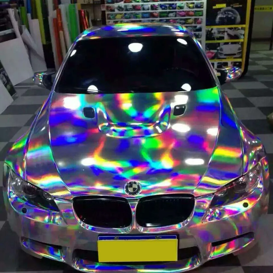 

152 x40cm Silver black Holographic Chrome Vinyl Holo Film Laser Plating Car Wrap Sticker Sheet With Air Bubble Free