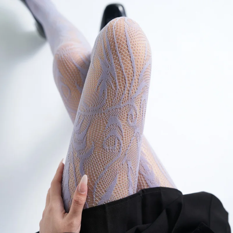 

Purple Hollow Out Mesh Flower Pantyhose Elastic Breathable Retro Fishnet Stockings Sexy Tights Four-Color Wholesale