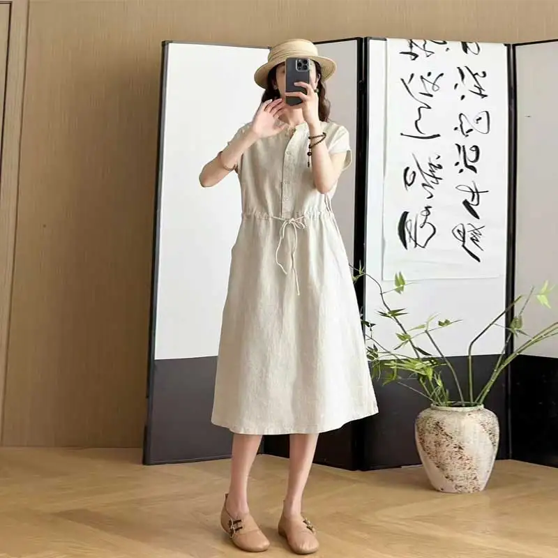 

Japanese Vintage Mori Girl Solid Color 100% Linen Dress Women Summer Stand Collar Short Sleeve Belt Waisted Casual Loose Dresses