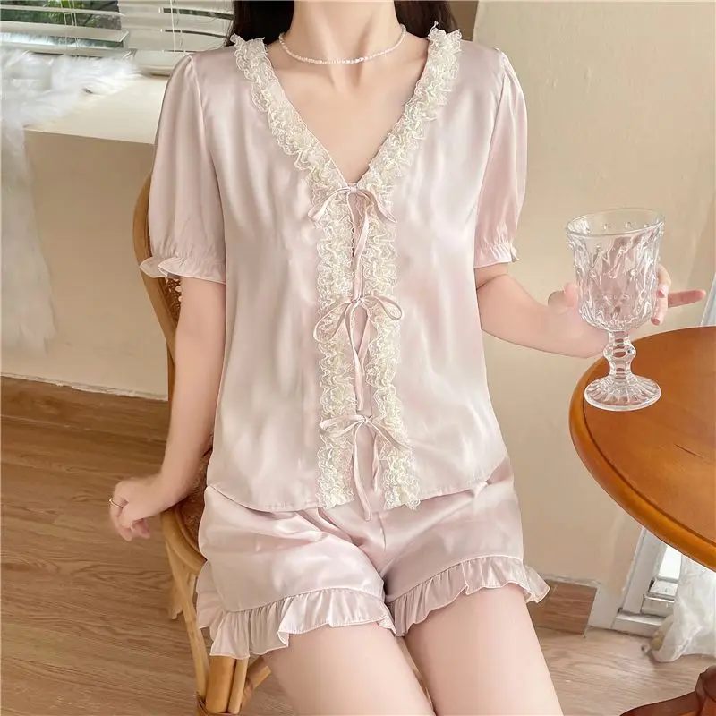 Ice Silk Pajamas Women Summer New Short-sleeved Shorts Luxury Temperament Two-piece Loungewear Sweet V-neck Lace Sleepwear Set