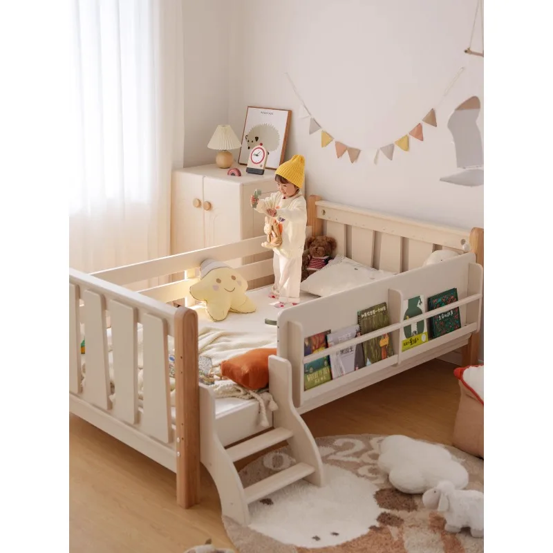 

Mumuyuan all solid wood children's bed with guardrail splicing widened crib on all sides Adult cream wind single