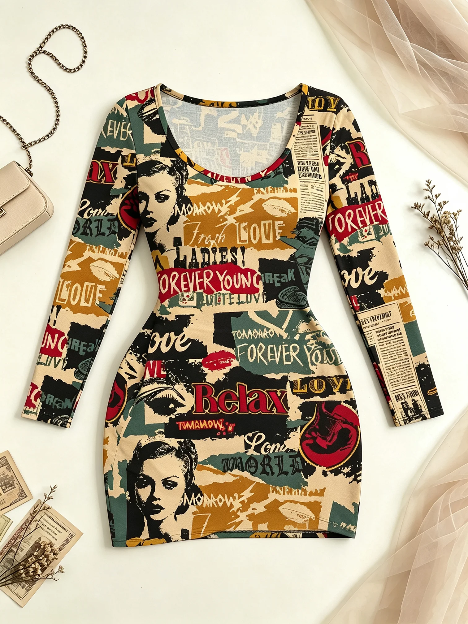 Women's Autumn Casual Long Sleeve Dress round Neck Letter Pattern Printed Cinched Waist Mini Skirt with Pockets