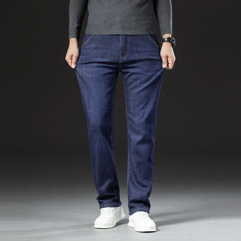 Winter Fleece Lined Warm Slim Lamb Fluff Denim Straight Pants Men Thicken Big Jeans High Waist Stretch Jeansy