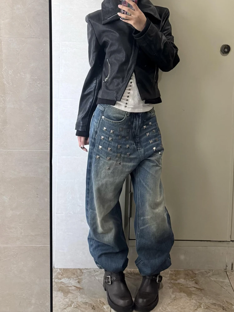 

American Style Retro Rivet Decorated Denim Pants Women's Autumn Winter Loose Slim Straight Wide Leg Floor Length Trousers