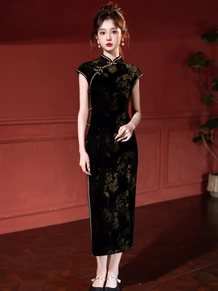 

Новое черное платье-ципао в китайском стиле с бамбуковым принтом, молодежное, приталенное, без рукавов