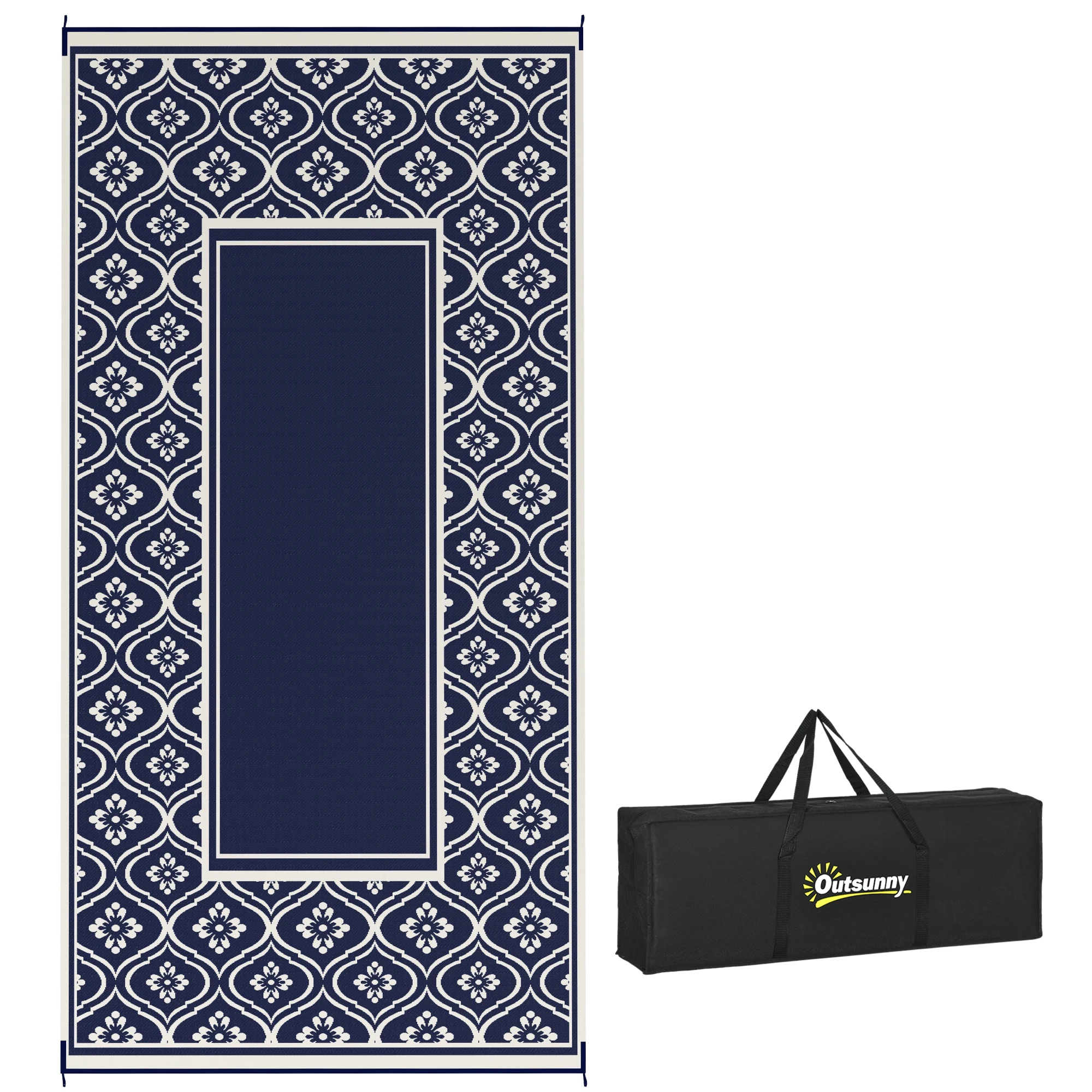 Reversible Outdoor Rug, Waterproof Plastic Straw with Carry Bag, 9' x 18', Blue & White Gourd Border