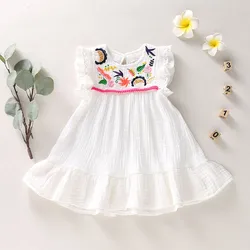 Infant Baby Girls Cotton Linen Dresses Pleated Short Sleeve Delicate Embroidery Swing White Dress Summer Leisure Dress