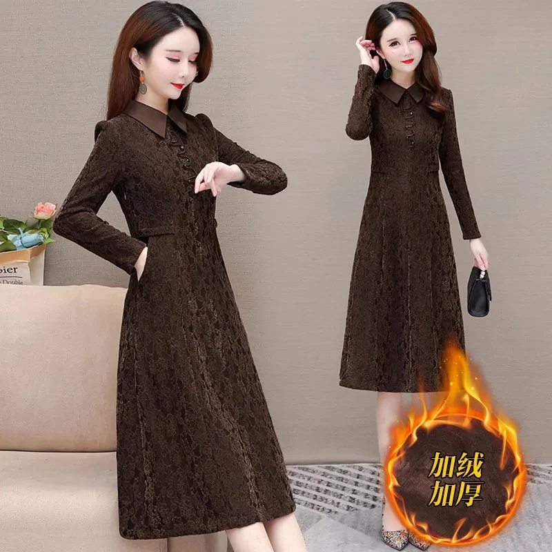 High-end Temperament Slim Velvet Thick Long-sleeved Bottoming Dress Autumn and Winter 2024 New Fashion Age-reducing A-line Skirt