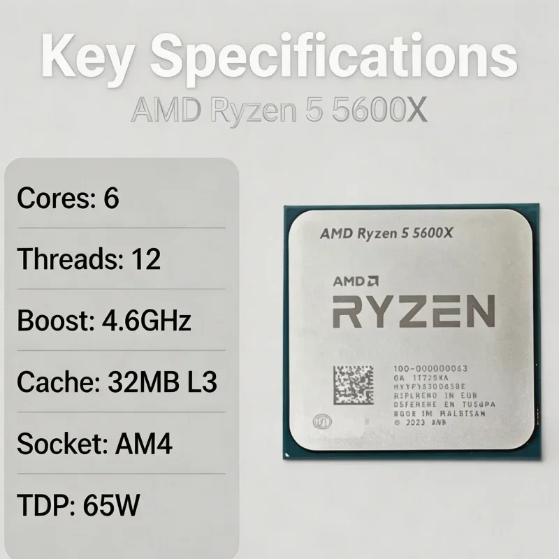 AMD Ryzen 5 5600X CPU 6‑Core 12‑Thread 65W TDP Socket AM4 Gaming Desktop Processor Tray Version Without Cooler