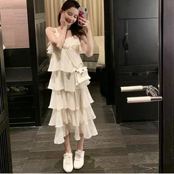 Fashion V-Neck Sleeveless Spliced Ruffles Slip Dress Women's Clothing 2024 Summer New Loose Solid Color Sweet Princess Dress