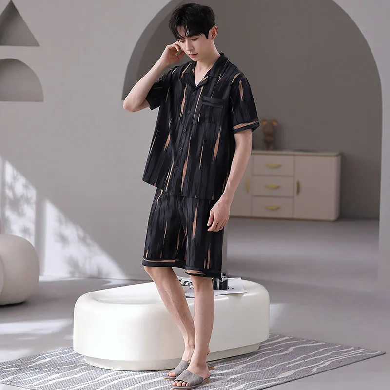 Summer New Arrived Sets Male Pajama Set Men Silky Rayon Short Sleeve Shorts Two Piece Pyjamas Loose Casual Home Clothes