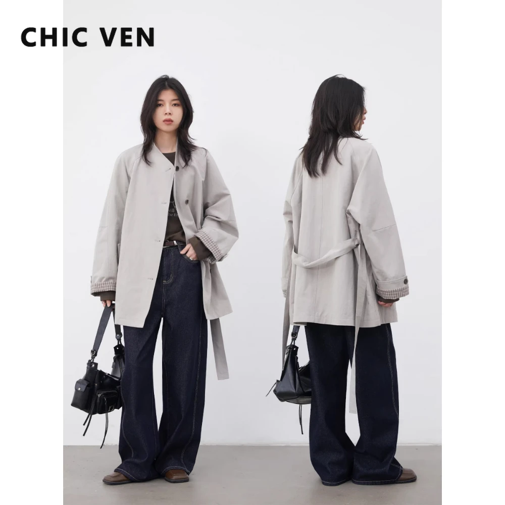 CHIC VEN Fashion Women Mid-length Trench Coat Loose Casual Minimalist Patchwork Plaid Female Windbreaker Belt Spring Summer 2026
