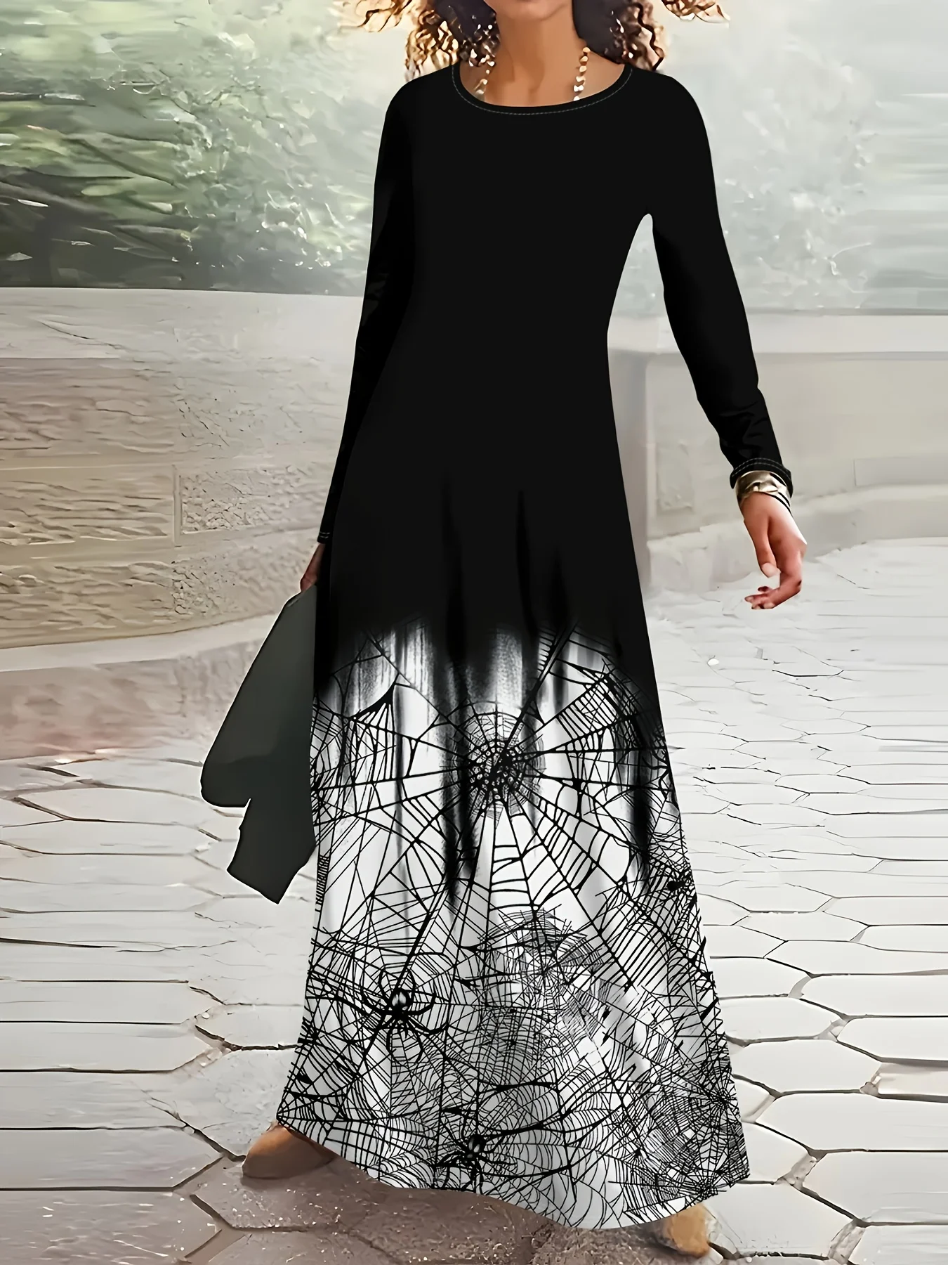 Spinnennetz-Print Lässiges Rundhals-Langarmkleid Damen Mode Herbst Winter A-Linien Midikleid Einfarbig Elegant Alltagstauglich