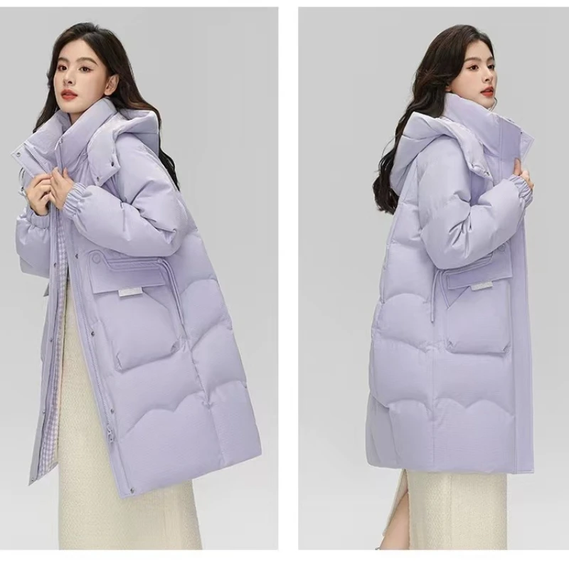 

Mid-length Down Jackets Korean Winter Coat Female Sweet Drawstring Outerwears Patchwork Plaid Coats Down Thick Warm Women Jacket