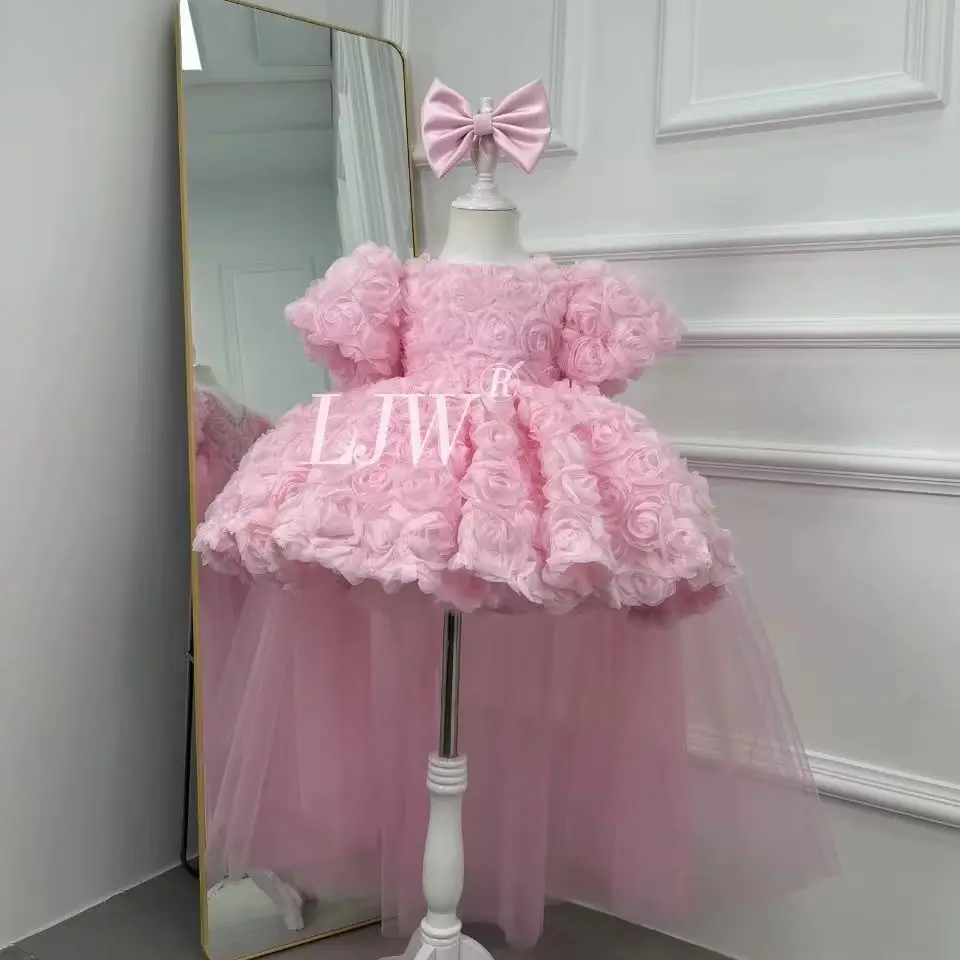 

Elegant Puffy Tulle Baby Pink Dress with Long Train Kids Birthday Party First Communion Pageant Princess Gown Formal Prom Gowns