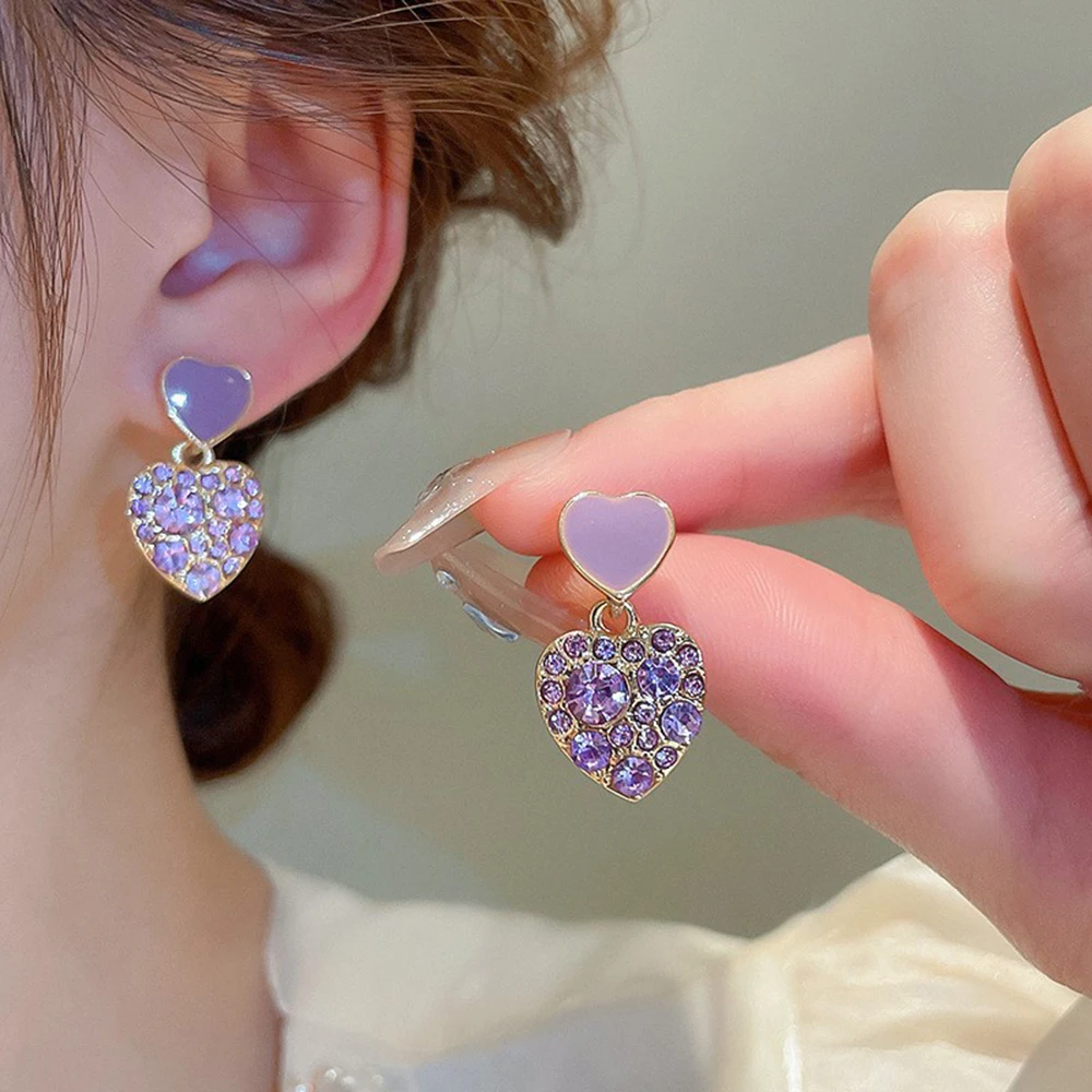 Cute Sweet Love Heart Drop Earrings for Women Purple Crystal Rhinestones Enamel Oil Dangle Earrings New Fashion Jewelry Gift