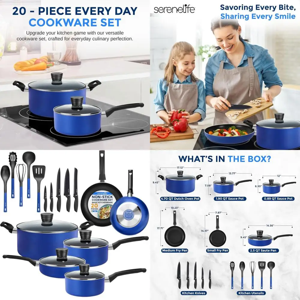 

Blue 20-Piece Cookware Set with Knives: Non-Stick, Multi-Size Pots & Pans, Heat Resistant, Dishwasher Safe