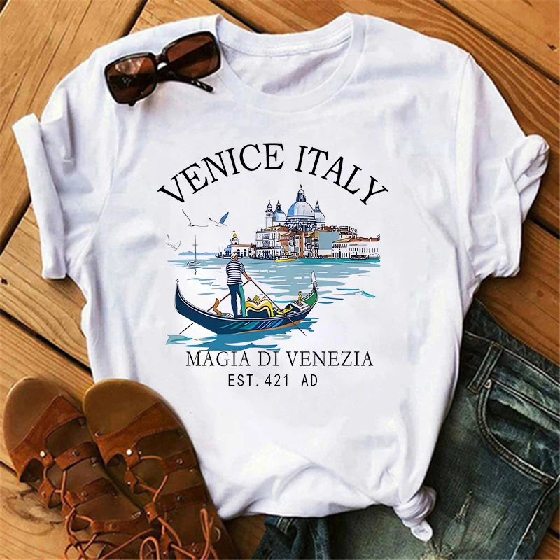 Fashion Venice Italy Print Women's Crew Neck T-Shirt Casual Short Sleeve Letter Print Spring Summer Top Tee T Shirt