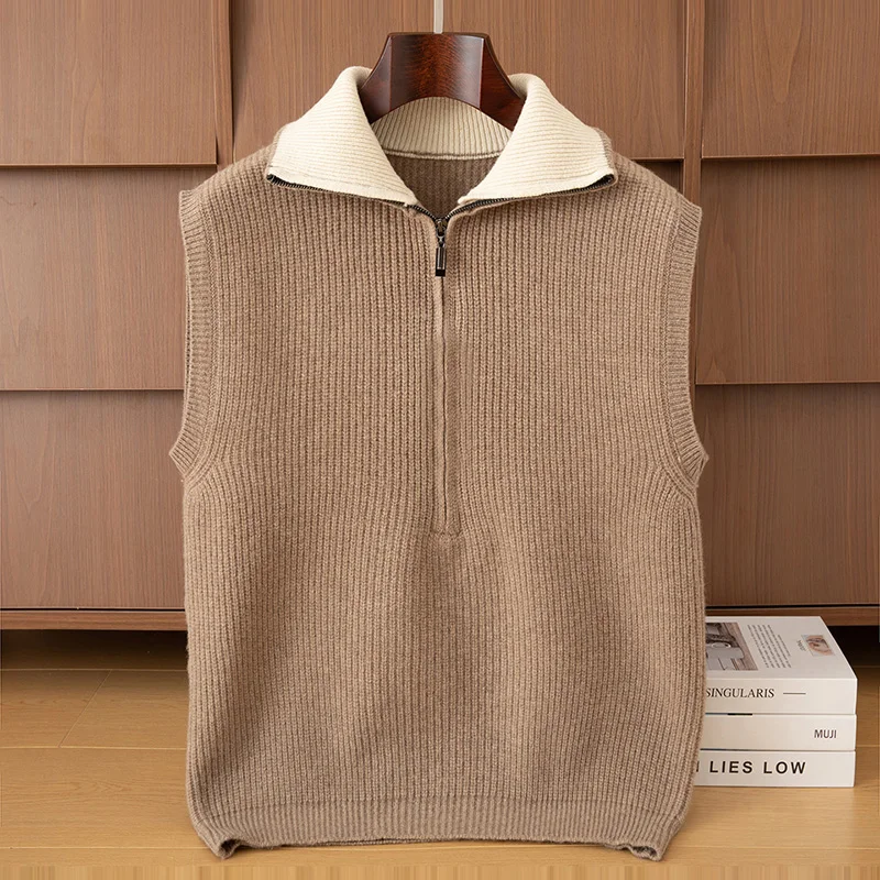 100% Merino Wool Knitted Cardigan Sleeveless Vest Lapel Zipper for Men And Women Warmth in Autumn And Winter Season