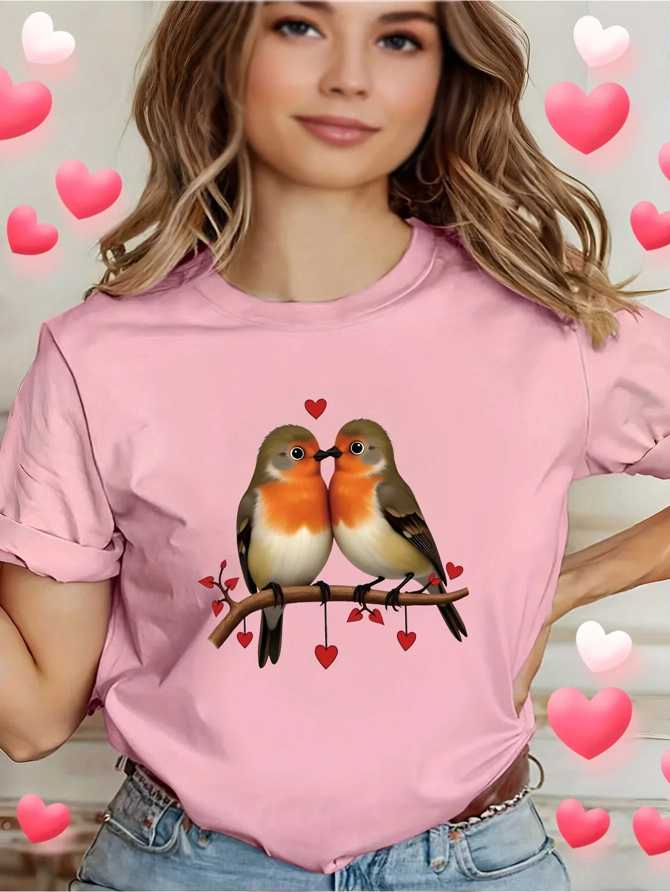Camiseta de manga corta con cuello redondo para mujer con estampado de Robin Heart Love Always Print blanco Navidad Día de