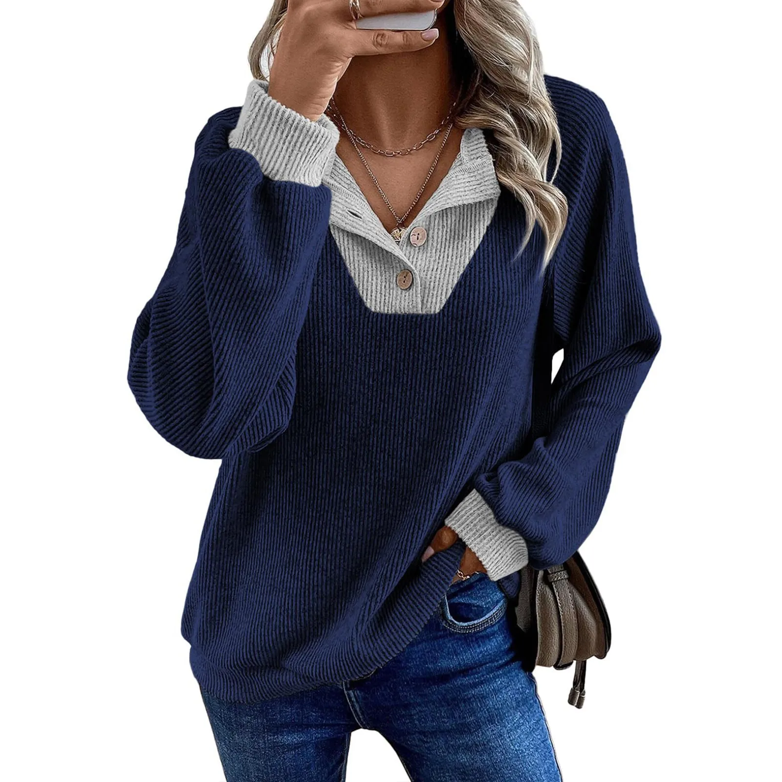 Sweter Kerah Pullover Wanita Atasan Warna Kontras Jahitan Modis Pakaian Musim Dingin Sudaderas De Mujer Wanita Кофта женская