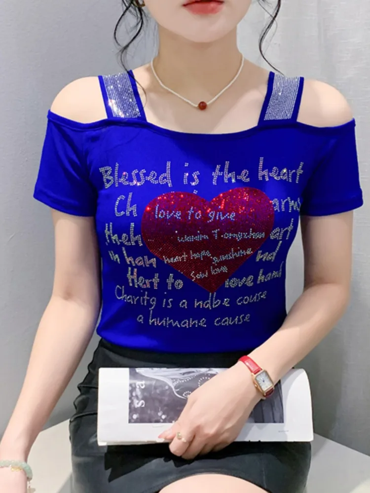 女性のためのセクシーな黒と青のメッシュTシャツ,短い裸の肩のTシャツ,ダイヤモンドの文字,韓国のファッション,7212