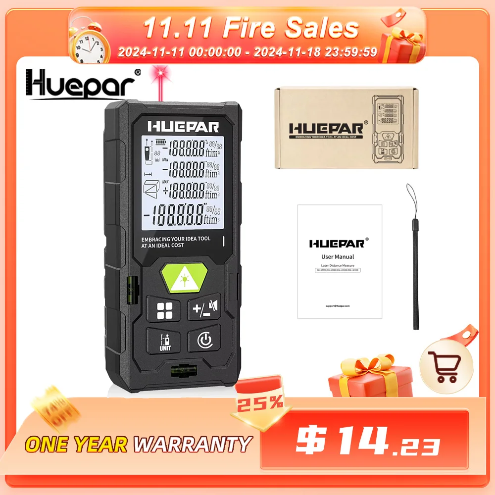 Huepar DM-LM Laser Distance Meter Rangefiner 50M/80M/100M/120M Laser Measure M/in/Ft/Ft_in_ Unit Angle Sensor With LCD Backlit