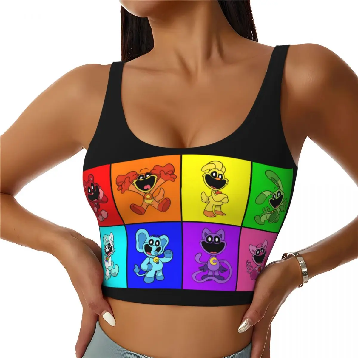 Custom High Impact Colorful Smiling Big Mouth Critters Group Sports Bra for Women Scarry Animated Game Gym Workout Yoga Crop Top