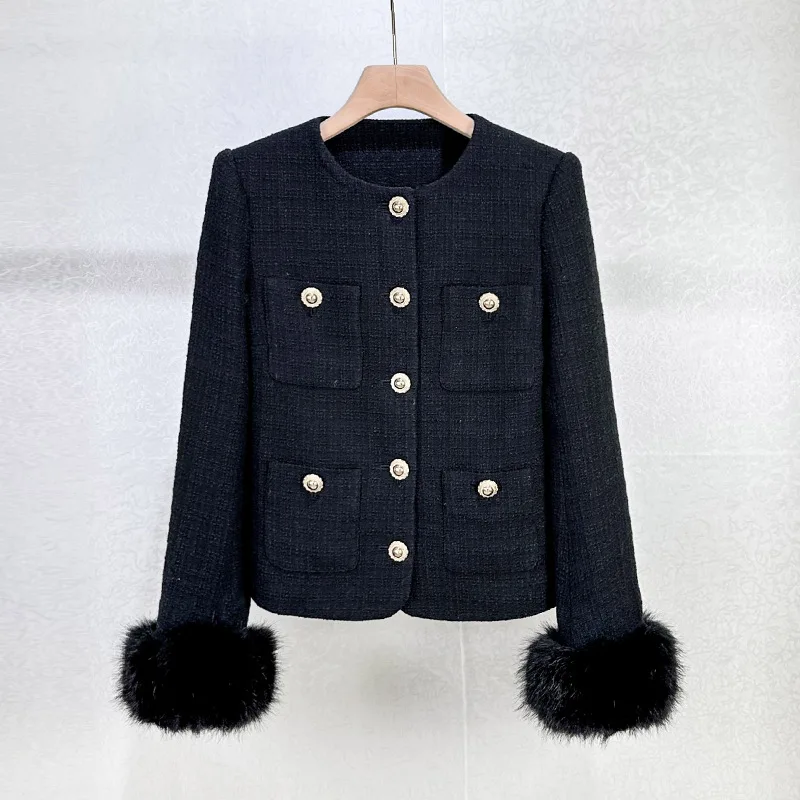

Autumn Winter Black High Quality Fragrance Long-sleeved Spliced ​​fake Fur Jacket Women Fashion Warm Tweed Lady Short Jacket