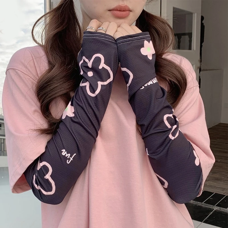 Womens Vintage Cooling Cute Elbow Gloves Elastic Arm Cover Cute Flower Fingerless Gloves for Driving