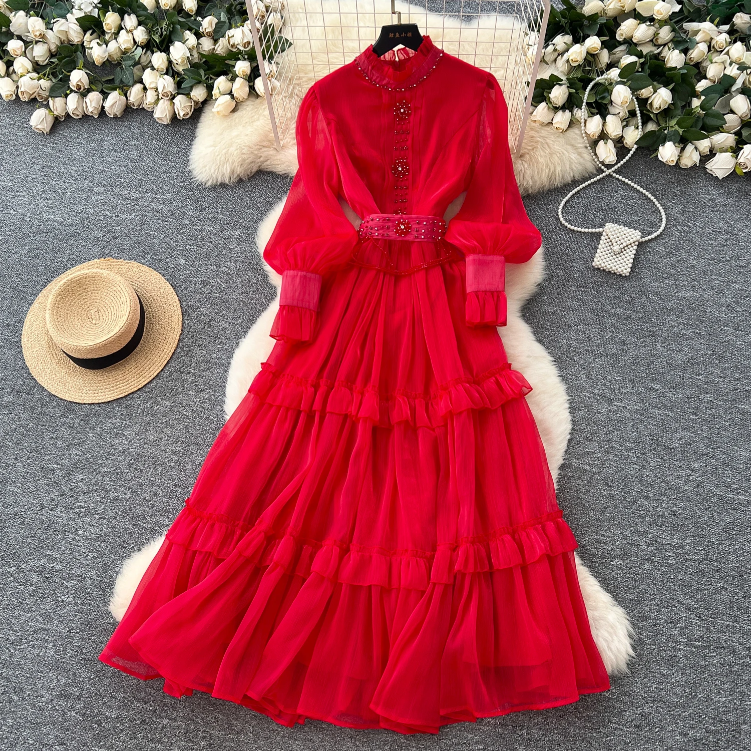 Elegancka, seksowna sukienka letnia damska w stylu boho z siateczki, zdobiona dżetami, z bufiastymi rękawami typu lampion, marszczona, w kształcie litery A, luźna, odzież damska.