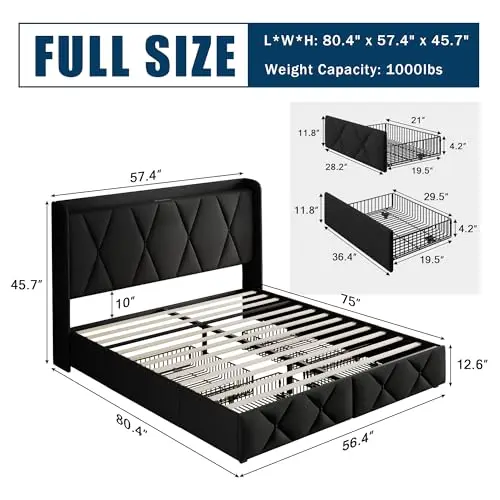 Full Size Bed Frame with 4 Large Storage Drawers, Upholstered Platform Bed with Charging Station, Modern Wingback Storage from