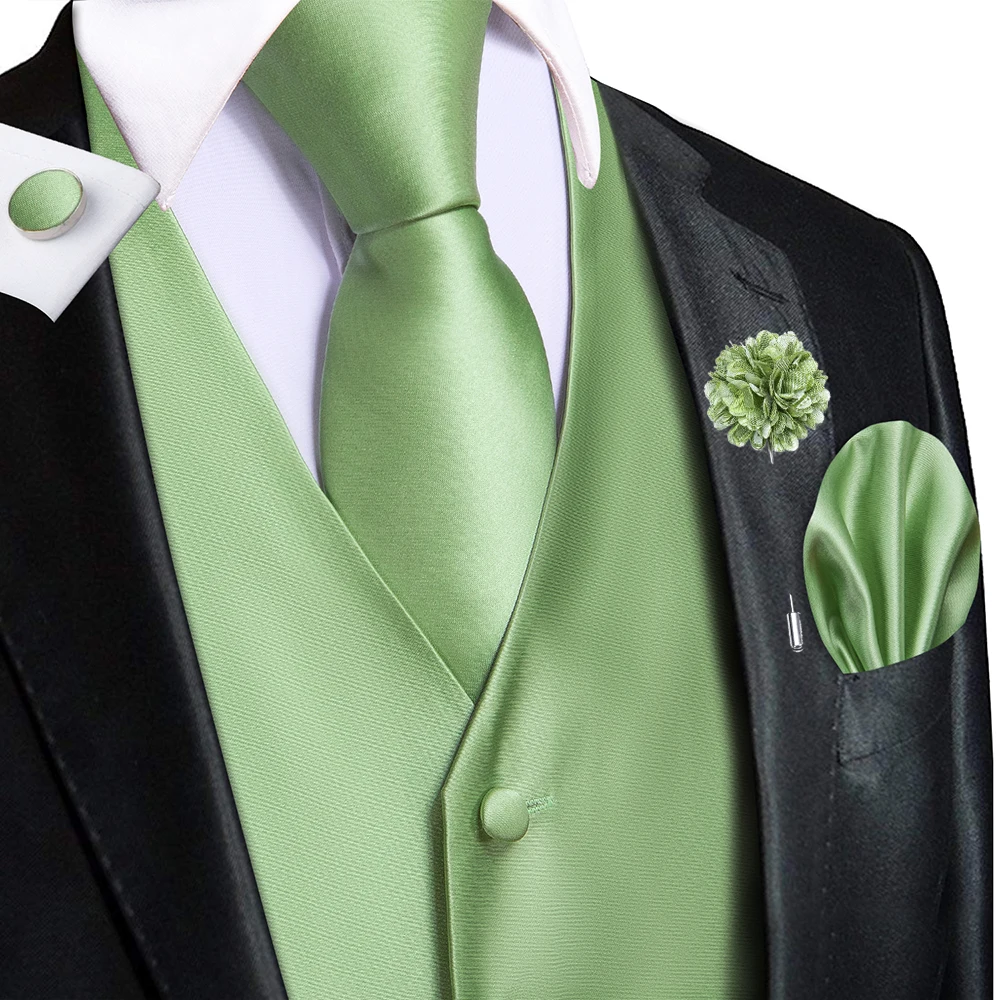 

Hi-Tie Green Slim Mens Silk Vests Solid Waistcoat Tie Hanky Cufflinks Brooch Sets for Male Suit Wedding Formal Business Designer