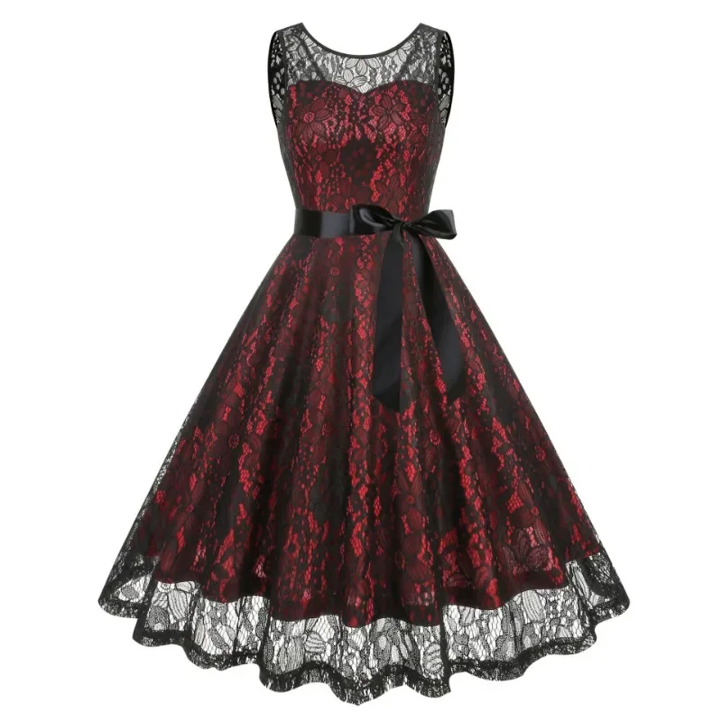 

2024 New Harajuku Vintage Elegant Round Neck Lace Sleeveless Dress Fashion Hepburn Retro 1950s Cocktail Halloween Dresses Women