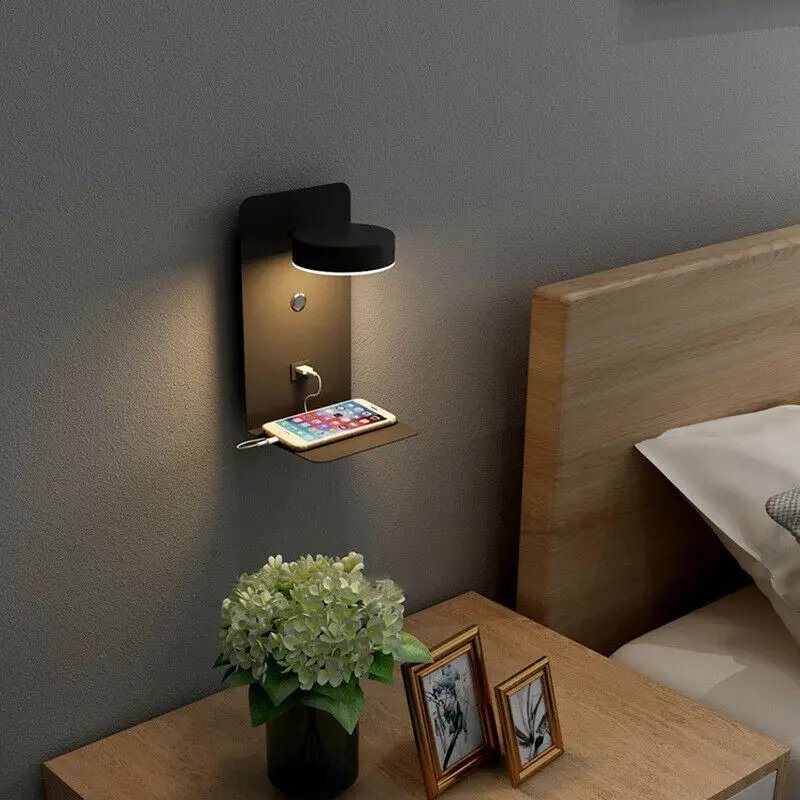 ABZV-Reading Wall Light with USB Port Charging Creative Rack Bedside Lamp with Switch -Black