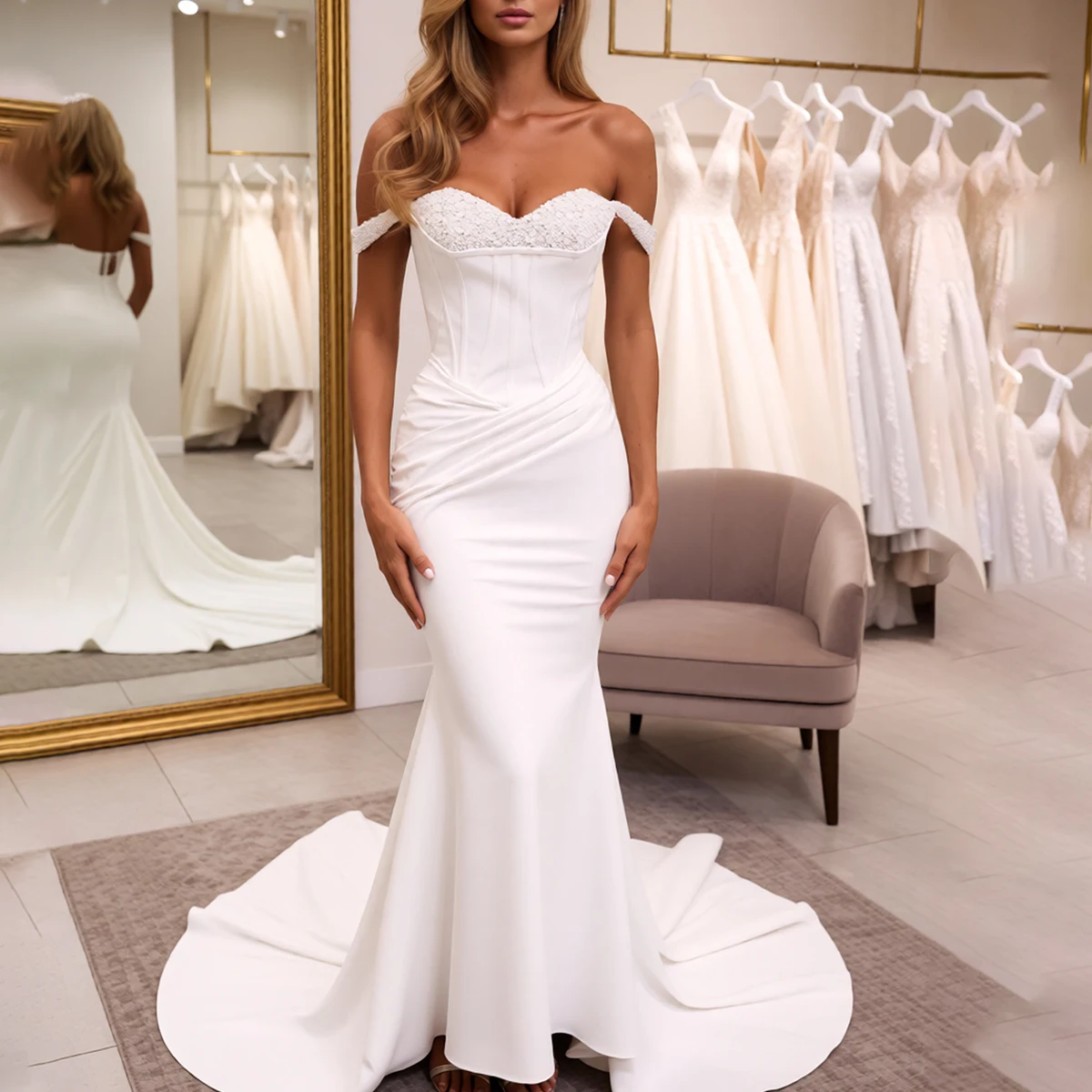 

Romantic Mermaid Lace Wedding Dresses With Train Sheath Off Shoulder Pleated Bridal Party Gown For Women Vestidos Novia