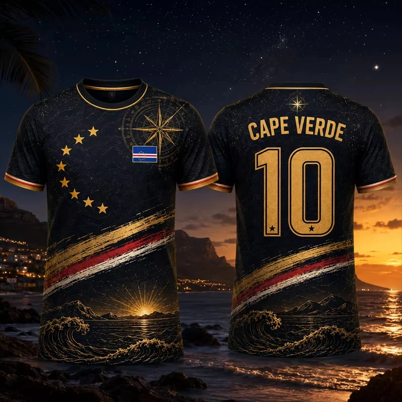 Cape Verdean flag-patterned football jersey, fan jersey, breathable and quick-drying summer sportswear