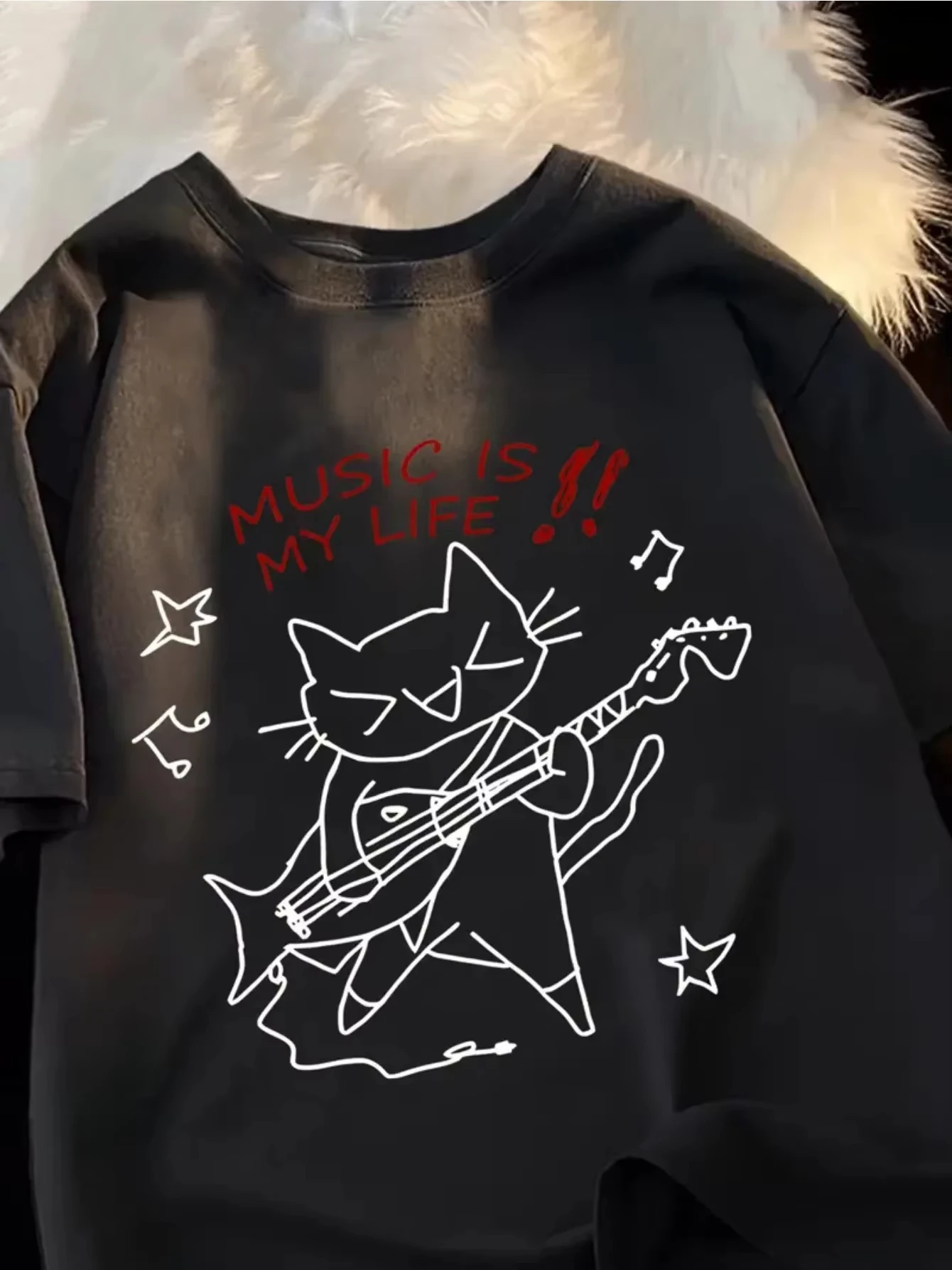 

"Music Is My Life" Cat Graphic Kids Tshirt Breathable Comfortable Fit Crew Neck Short sleeved Cute Fashion Children's Clothing