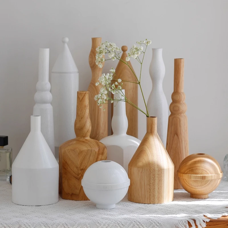 French Wooden Vase Nordic Minimalist Still Life Decor Premium Natural Wood Desktop Planter Artistic Table Elegant Floral Display