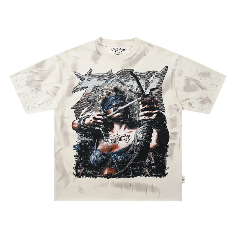 Vintage T-Shirt mit Kriegerinnen-Grafik für Männer, Distressed Gradient Washed Tee, Oversized Hip-Hop T-Shirts, Streetwear, Y2k-Kleidung, C – Detail 4