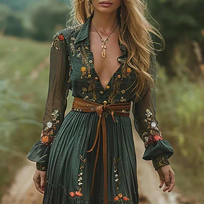 Vintage Floral Print Deep V Fashion High Waist Party Maxi Dress Autumn Women's Ethnic Lady Chic Bohemian Dresses 2025 New