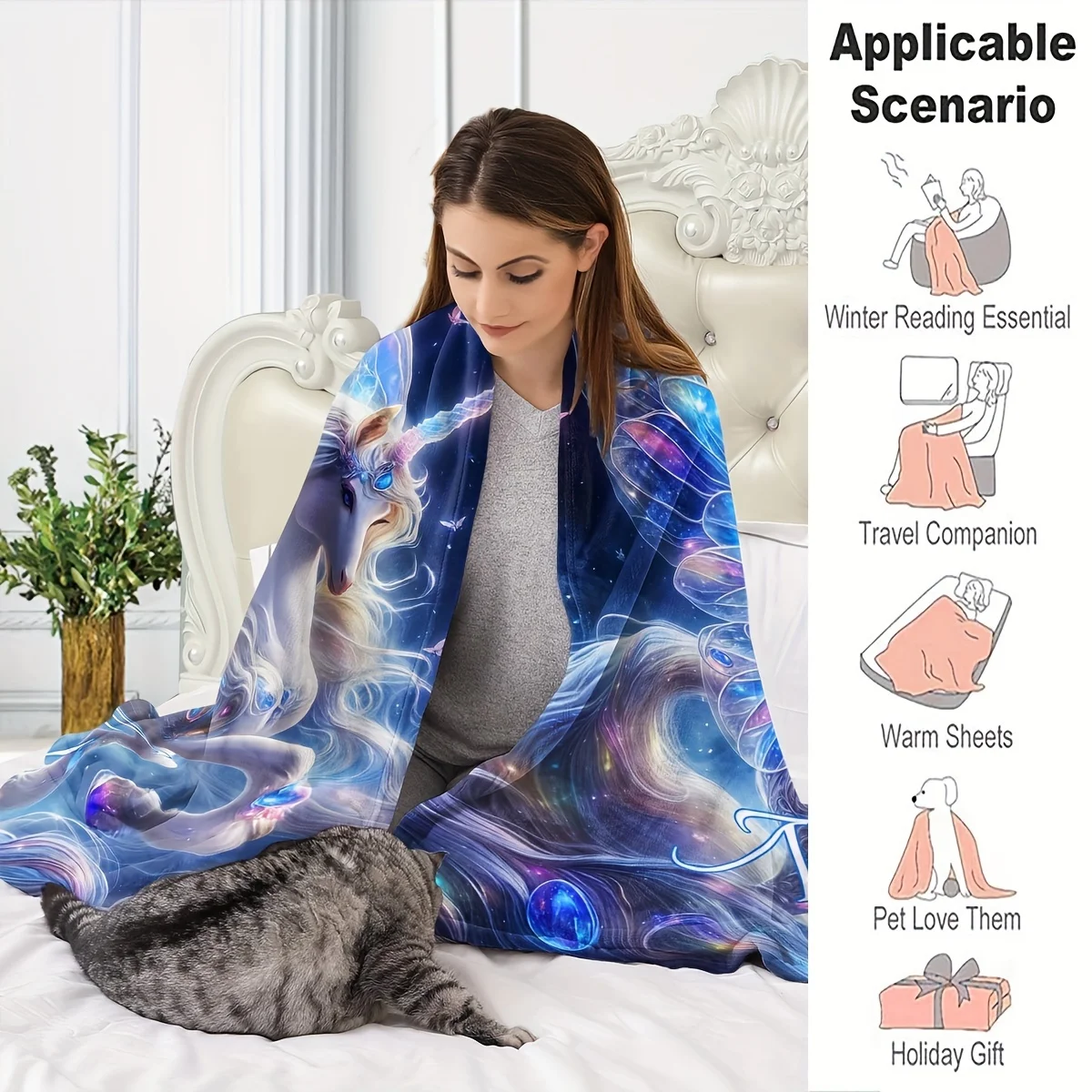 1 بطانية مخصصة مع نص هدية شخصية بطانية يونيكورن زرقاء حالمة رائعة وبطانية مطبوعة بجناح الأحجار الكريمة الملونة #3