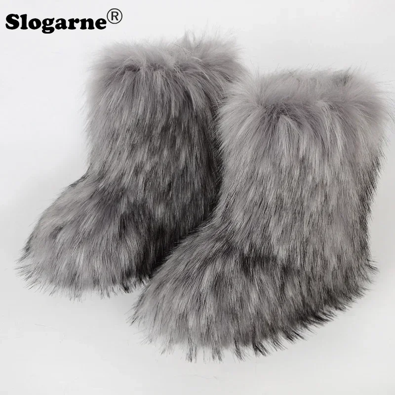 2024 Women Winter Fluffy Fur Boots Woman Furry Snow Boots Plush Warm Outdoor Footwear Girls Luxury Faux Fox Fur Platform Shoes