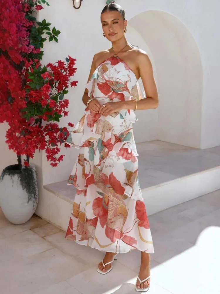 Summer Cover Ups Women Swimsuit Spaghetti Strap Robes Bathing Suit 2026 New Flower Printing Beach Holiday Maxi Dresses Cover-Up