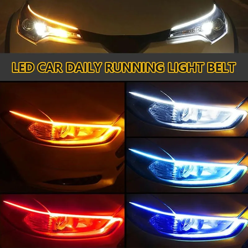 2Pcs LED DRL Car Daytime Running Light 12V Flexible Waterproof Headlight LED Strip White Turn Signal Yellow Brake Flow Lights