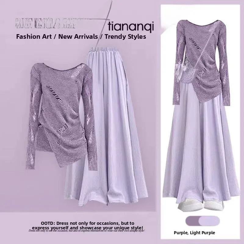 

Spring Purple Women's Slimming Wide Leg Pants Dopaamine Hollow out Design Gentle Top Casual Style Fashion Set High Waist Long...