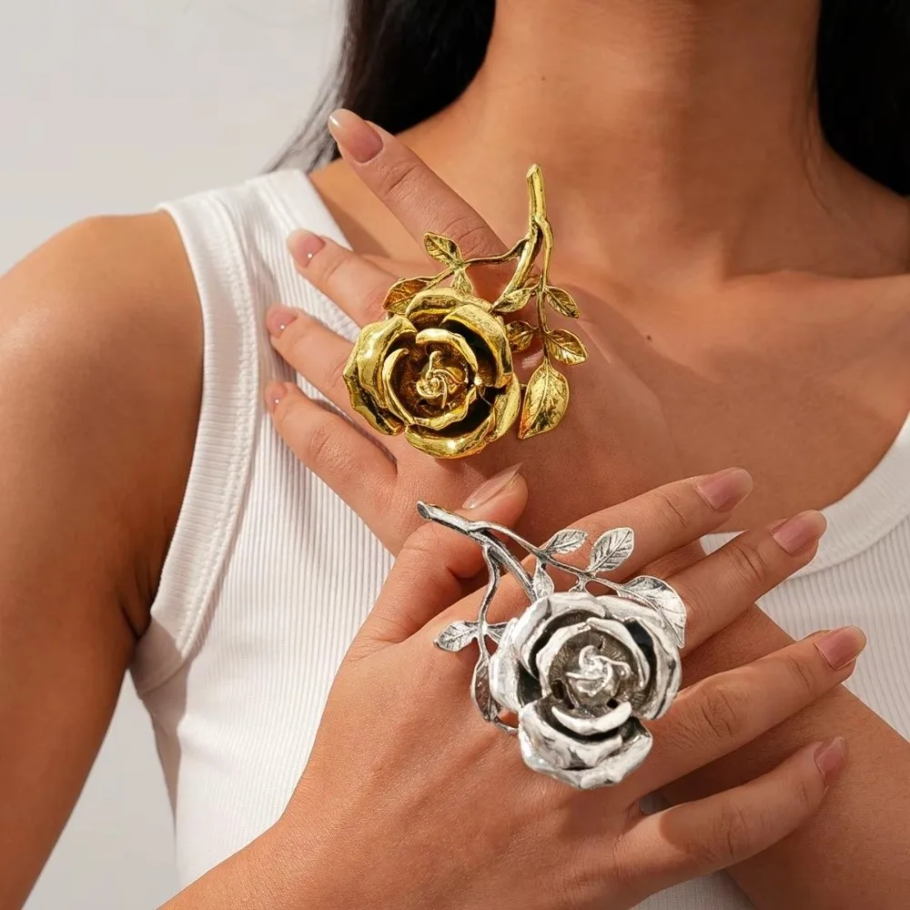 Elegant Vintage Rose Ring 3D Pleated Double-Finger Ring High-End Distressed Design Oversized Ring for Women