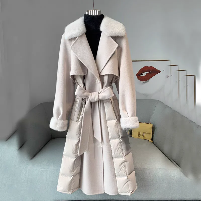 Winter Cashmere Fur Collar Woolen Windbreaker Cotton Coat For Women Adjustable Waist Ladies Long Fashion Overcoat Windbreaker